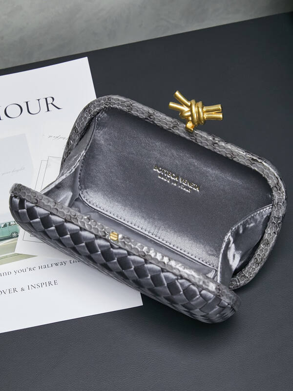 Bottega Veneta Knot Clutch Metallic dark gray Intrecciato woven satin with snakeskin trim clutch — Premium Replica