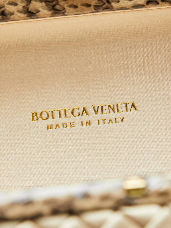 Bottega Veneta Champagne gold Intreccio satin with snakeskin trim clutch — 1:1 Replica